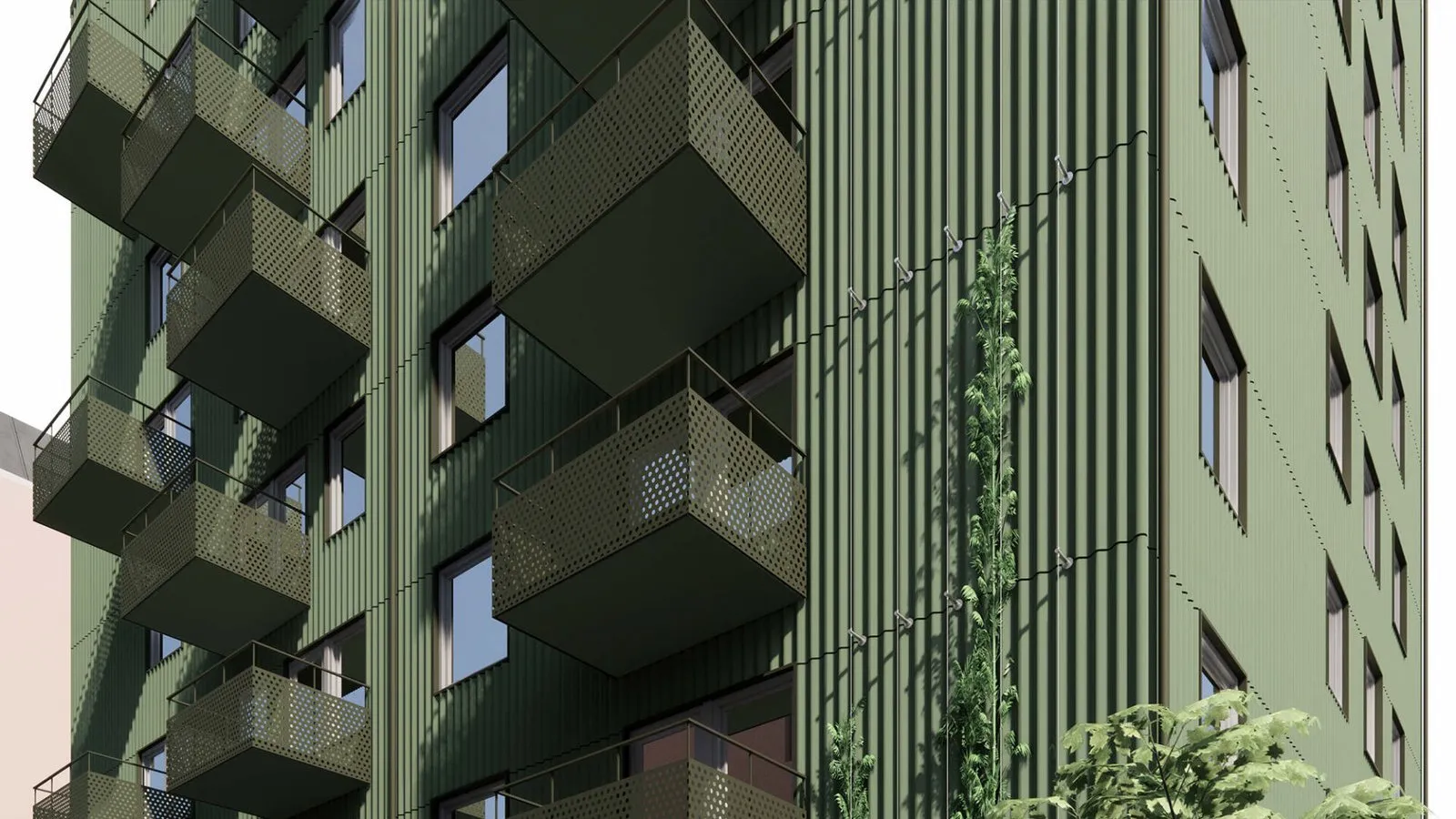 Utsidan av en hållbar, grön byggnad med flera balkonger och omgivande växtlighet.